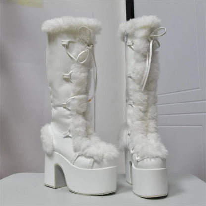 Fur Furry Boots | Chunky High Heel Knee Boots