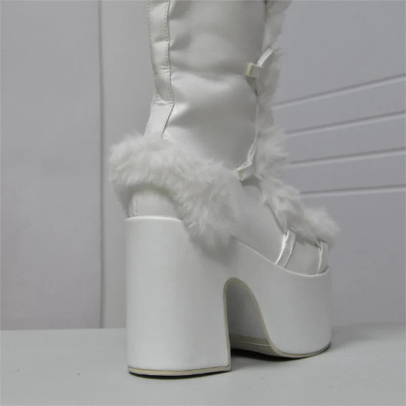 Fur Furry Boots | Chunky High Heel Knee Boots