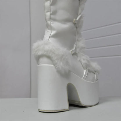 Fur Furry Boots | Chunky High Heel Knee Boots