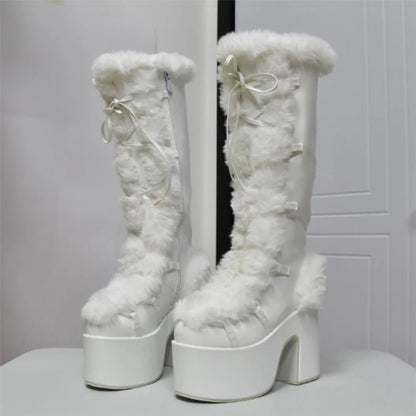 Fur Furry Boots | Chunky High Heel Knee Boots