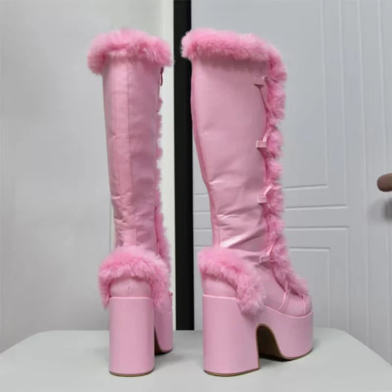 Chunky High Heel Knee Boots, Platform Boots