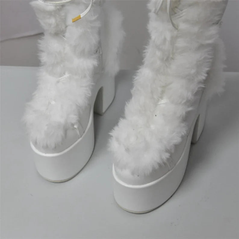 Fur Furry Boots | Chunky High Heel Knee Boots