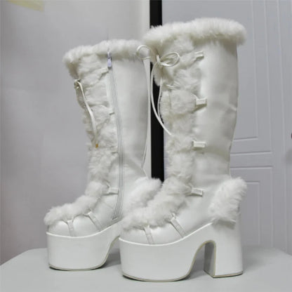 Fur Furry Boots | Chunky High Heel Knee Boots