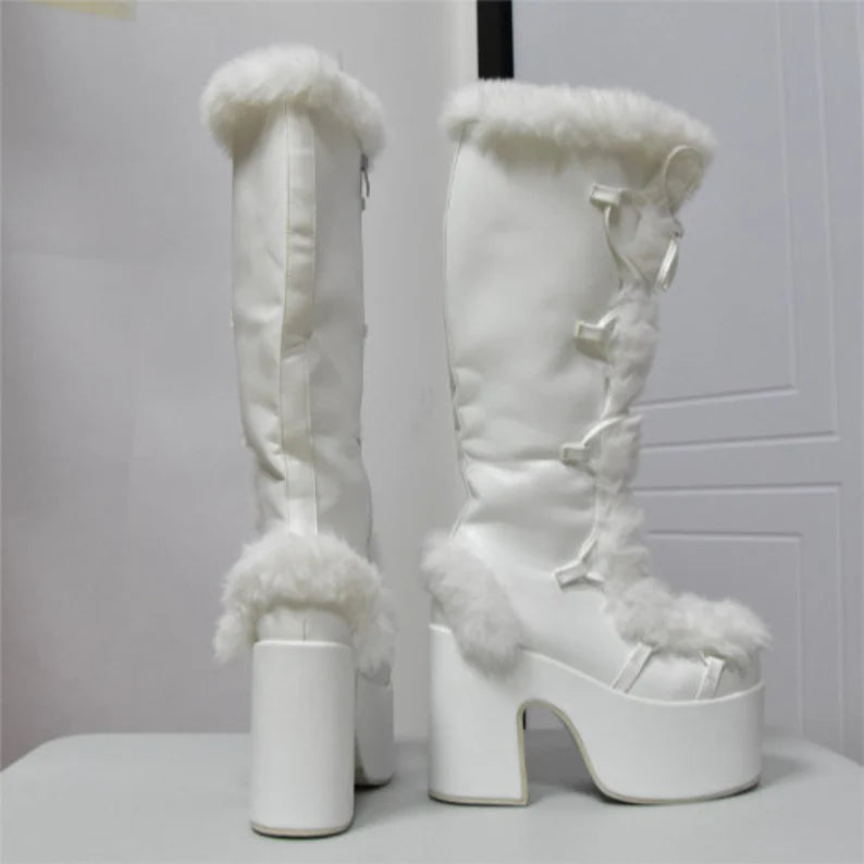 Fur Furry Boots | Chunky High Heel Knee Boots