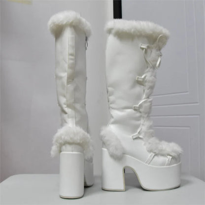 Fur Furry Boots | Chunky High Heel Knee Boots