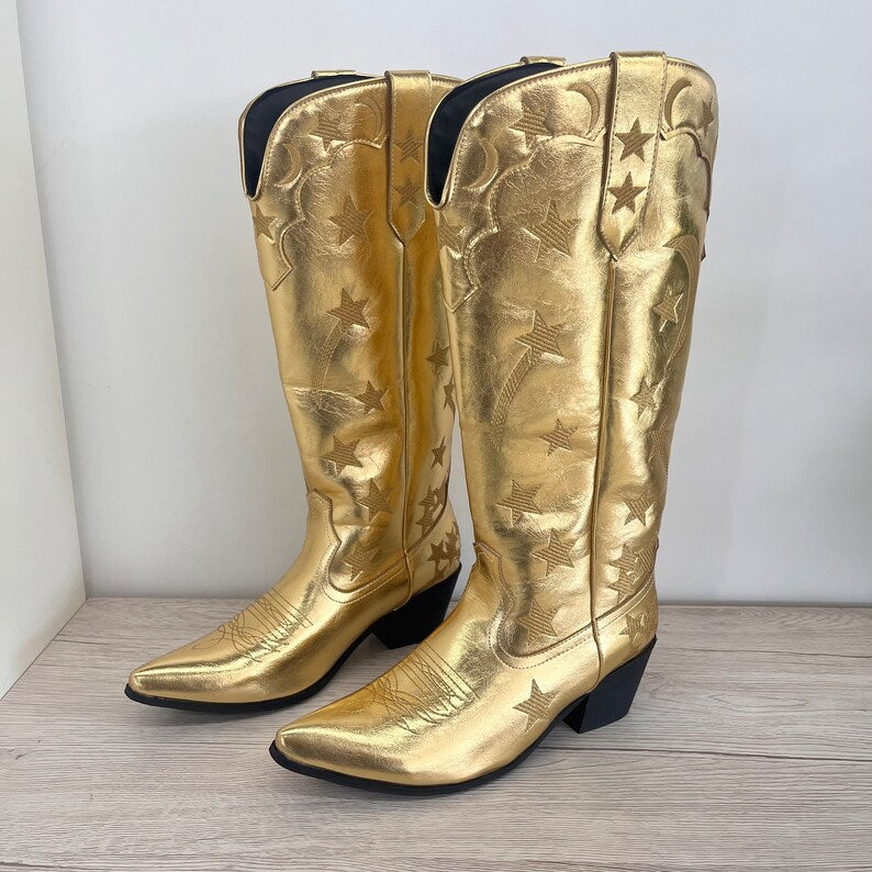 Vintage Gold Embroidered Cowboy Boots