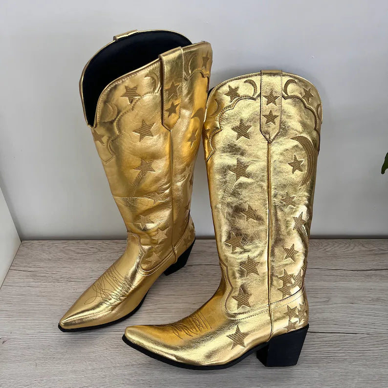 Vintage Gold Embroidered Cowboy Boots