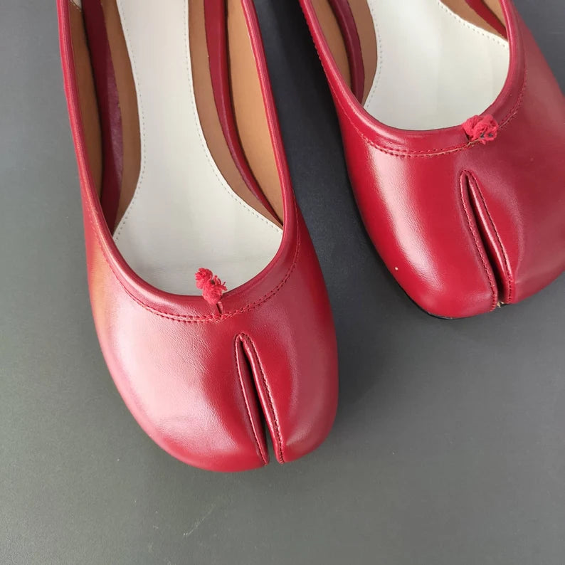 Vintage Women's Red Tabi Split Toe Handmade Shoes