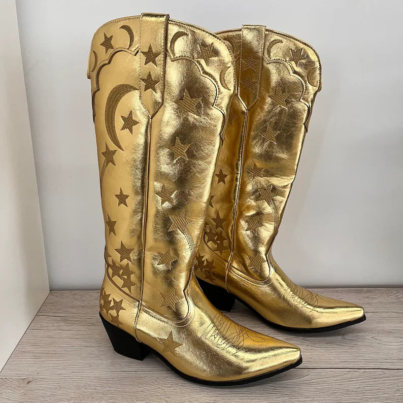 Vintage Gold Embroidered Cowboy Boots