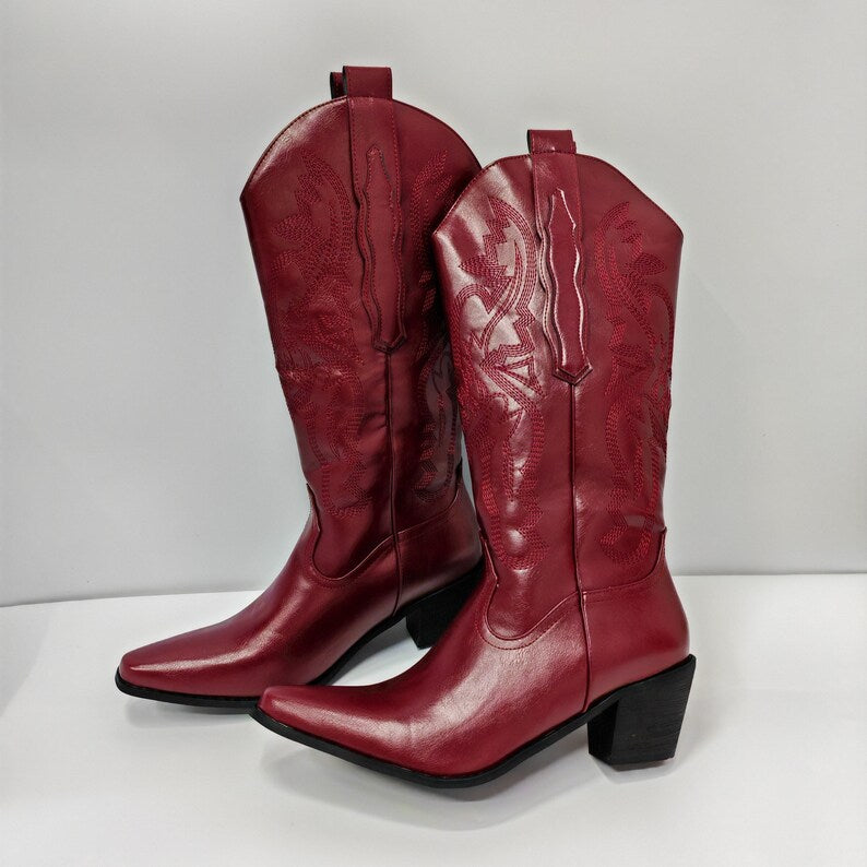 Burgundy Red Women's Cowboy Boots | Vintage Knee High Cowgirl Boots